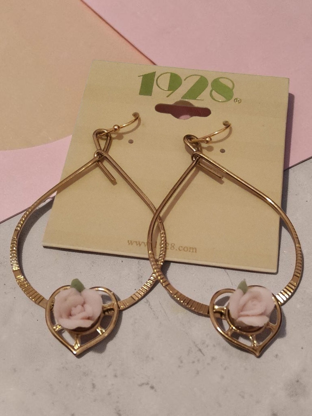 1928 Gold Tone  Teardrop Earrings with Pink Rose Accent